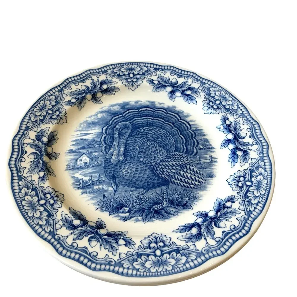 Royal Stafford Thanksgiving TURKEY Dinner Plates 11in Set of 4 Blue NEW